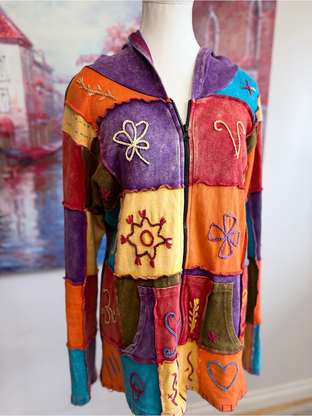 Studio Multicolor Patchwork Zip Crewneck Sweater